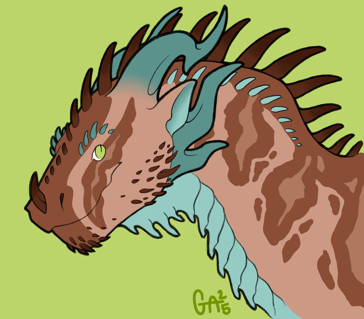 A headshot of Rue, a brown and blue dragon.